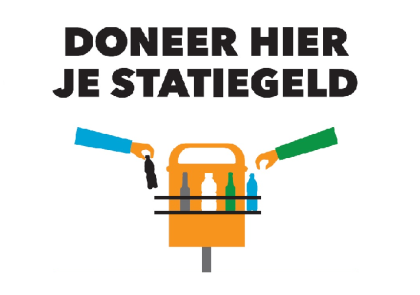 Graphic van een prullenbak met een doneerring met de tekst 'Doneer hier je statiegeld'.. 